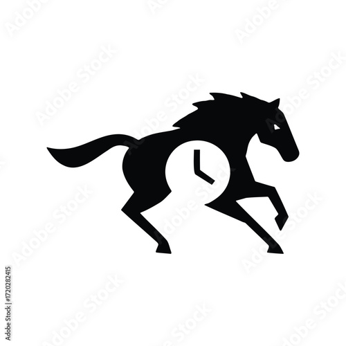 Silhouette of a Running Horse Incorporated with a Time Clock Icon Concept
