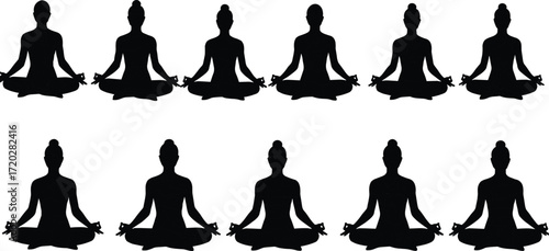 Meditation silhouettes, yoga pose, mindfulness practice, cross-legged figure, mudra gesture, peaceful energy, spiritual calm, wellness, balance illustration