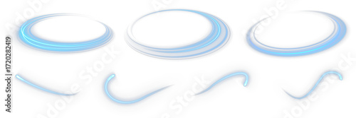 Sparkling neon blue swirl light trace with glitter dust particles isolated on transparent background. Futuristic glowing wave decoration for poster, event banner, luminous background, or festive holid