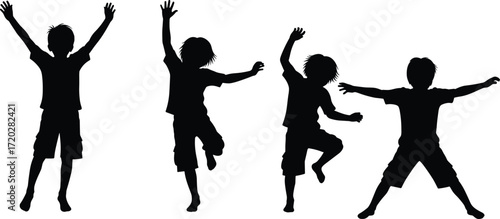 Silhouettes of boys jumping and celebrating, energetic kids in motion, playful children vector illustration for fun scenes