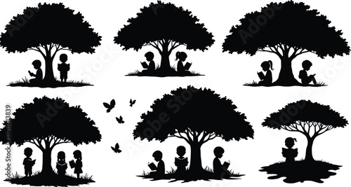 Children reading silhouettes, outdoor learning, tree shade, peaceful study, nature education, book lovers, childhood reading, quiet moment illustration