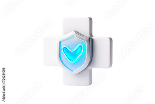 A white medical cross with a silver shield and blue checkmark in the center on a white background