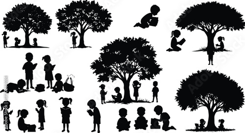 Children reading silhouettes, outdoor learning, nature education, peaceful study, tree shade, childhood literacy, book lovers, quiet moment illustration