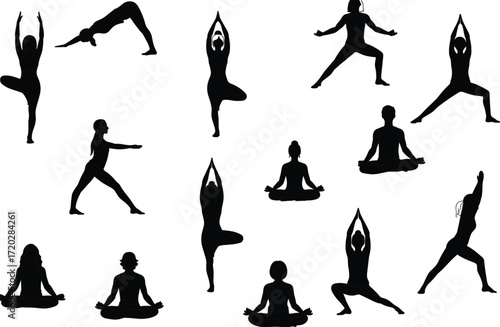 Yoga silhouettes, diverse poses, standing balance, seated meditation, stretching, wellness, fitness, body alignment, calm energy, health illustration