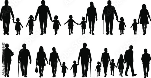 Family silhouettes, adults and children, generational group, walking together, holding hands, elderly figures, parenting, unity, social structure illustration