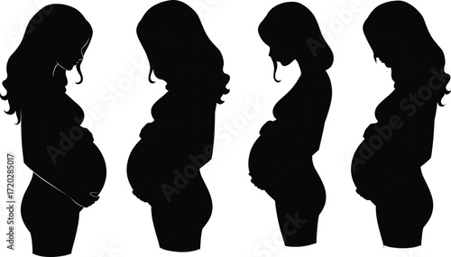 Pregnant woman silhouettes, maternity profile, baby bump, expecting mother, motherhood, prenatal care, maternal health, pregnancy stages illustration