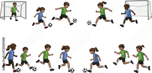 Children playing soccer, cartoon kids kicking ball, team sport, dynamic movement, outdoor activity, youth fitness, game action illustration