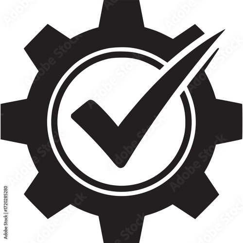 Gear with check mark isolated on white background, symbolizing approval, quality, and reliability in settings and configurations