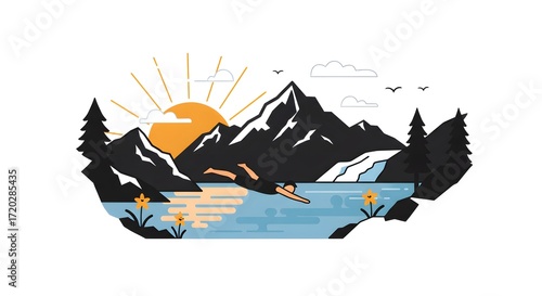 Mountain Lake Swim Embrace Nature's Refreshing Embrace Under a Sunny Sky