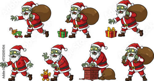 Zombie Santa Claus cartoon character in creepy Christmas scenes with gifts, chimney, cookie, teddy bear, toy train, horror holiday concept