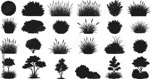 Bush and shrub silhouettes, small tree vector collection, decorative foliage artwork, abstract plant design, isolated greenery illustration, botanical nature graphic