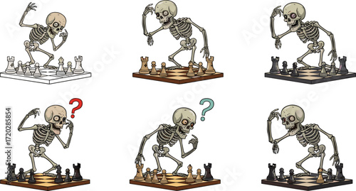 Cartoon skeletons playing chess in confused poses with question marks, humorous undead characters thinking at game boards in various stages