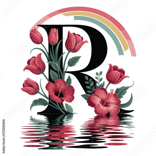 Decorative black letter r adorned with vibrant red tulips and hibiscus flowers with a rainbow arch and water reflection