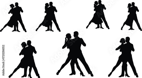 Dancing couple silhouettes, ballroom and tango, Latin dance poses, romantic motion, rhythm, elegance, performance art, partner coordination illustration