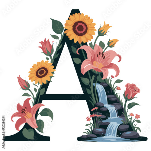 Elegant alphabet letter a decorated with vibrant sunflowers lilies roses and a cascading waterfall illustration