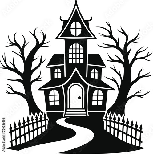 Vector art of haunted house silhouette with bare trees and fence