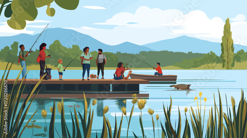 People fishing on a dock and in boats. Racially diverse individuals, plus-size parent, older adults, and a nonbinary person. Serene setting with cattails, fish, and calm water.