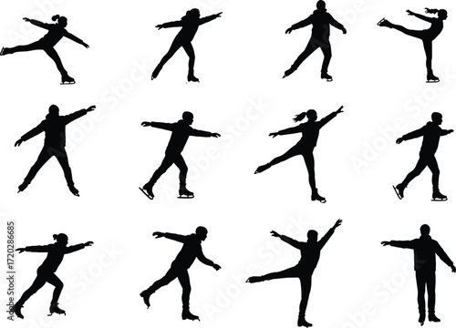 Figure skating silhouettes, spin and glide poses, athletic movement, ice dance, graceful balance, winter sport, choreography, performance illustration