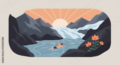 Scenic mountain lake with a lone swimmer at sunrise, surrounded by rugged peaks and blooming flowers