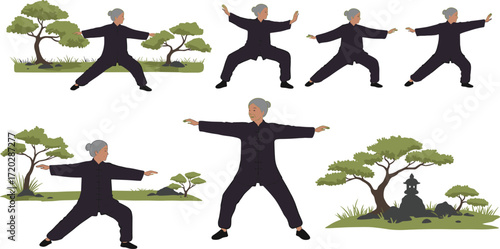 Tai Chi poses, elderly practice, outdoor balance, martial art movement, mindfulness, health exercise, peaceful park, traditional uniform illustration