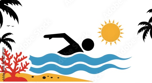 Vibrant illustration depicting a stick figure swimmer enjoying a sunny tropical beach vacation with palm trees, blue waves, and coral, symbolizing summer leisure and travel