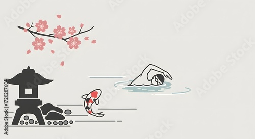 Minimalist illustration showcasing a swimmer, a koi fish, a traditional Japanese lantern, and cherry blossoms, blending modern activity with ancient serenity