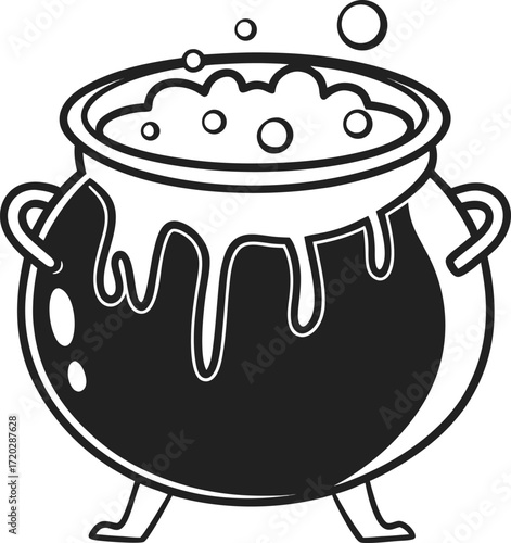 Vector art of cartoon black and white illustration of a bubbling cauldron with handles