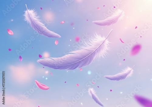 Gentle Descent: Ethereal White Feathers and Petals in a Dreamy Pastel Sky.