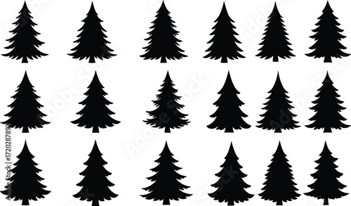 Pine tree silhouettes, evergreen forest vector, conifer trees collection, abstract nature artwork, decorative plant design, isolated tree graphic, botanical illustration