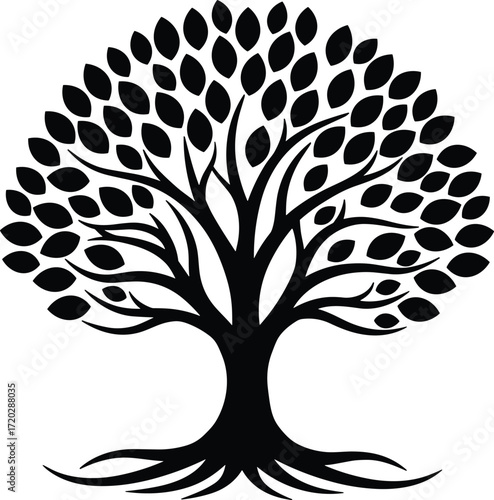Stylized tree of life silhouette illustration, decorative vector art with roots and leaves, nature growth symbol, black design, canopy graphic