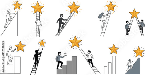 Goal achievement illustration, ladder climb, golden star pursuit, teamwork effort, ambition concept, success metaphor, progress journey, motivational artwork