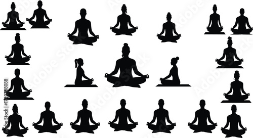 Group meditation silhouettes, seated yoga pose, mindfulness practice, family session, mudra gesture, calm energy, wellness, peaceful illustration