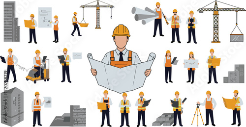 Construction workers illustration, building site teamwork, blueprint planning, safety gear, engineering tools, crane, architecture, professional labor, project management artwork