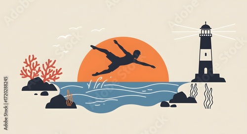 Silhouette of a diver jumping into the ocean at sunset near a lighthouse, art illustration