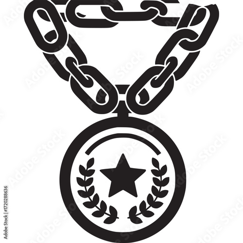 Illustration of a chain medal isolated on white background, symbolizing achievement, recognition, and honor in a minimalist black and white design