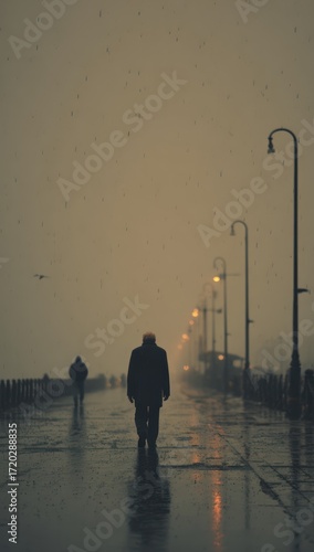 Lonely figure walking foggy night