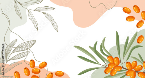Sea buckthorn berries background. Composition of sea buckthorn berries with organic shapes and leaves on an abstract background. Card, banner, poster.