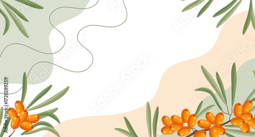 Sea buckthorn berries background. Composition of sea buckthorn berries with organic shapes and leaves on an abstract background. Card, banner, poster.