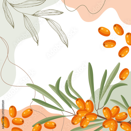 Sea buckthorn berries background. Composition of sea buckthorn berries with organic shapes and leaves on an abstract background. Card, banner, poster.
