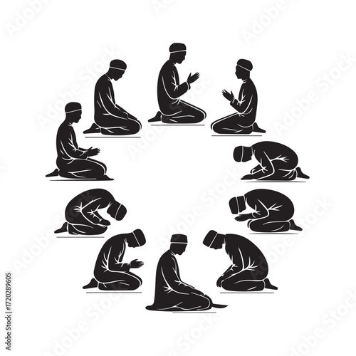 Diverse group of men in prayer circle performing islamic salat or namaz in a rhythmic sequence of movements