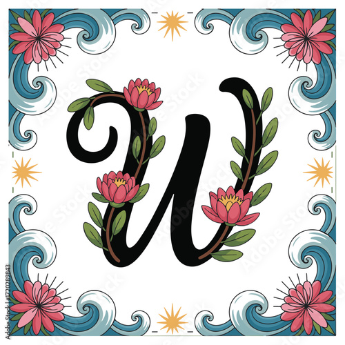 Elegant black cursive letter u adorned with vibrant pink lotus flowers and lush green leaves framed by a whimsical ocean wave border and sunbursts