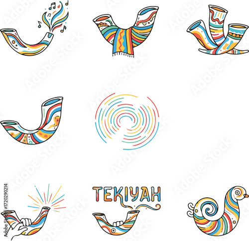 A vibrant collection of Jewish holiday shofar icons
