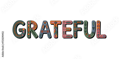 Grateful text with floral and heart patterns lettering