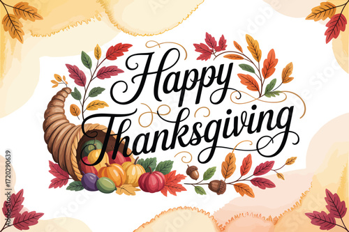 Happy Thanksgiving cornucopia with autumn leaves and pumpkins