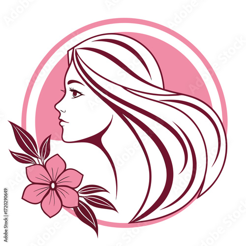 Vector art of stylized illustration of a womans profile with flowing hair and flowers