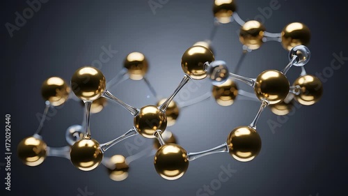 Abstract Molecular Structure Rendered with Gold Spheres and Glowing Elements on Dark Gray Background
