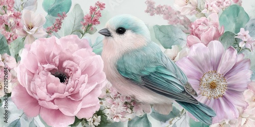 Pastel bird among pink flowers and green foliage in delicate nature scene