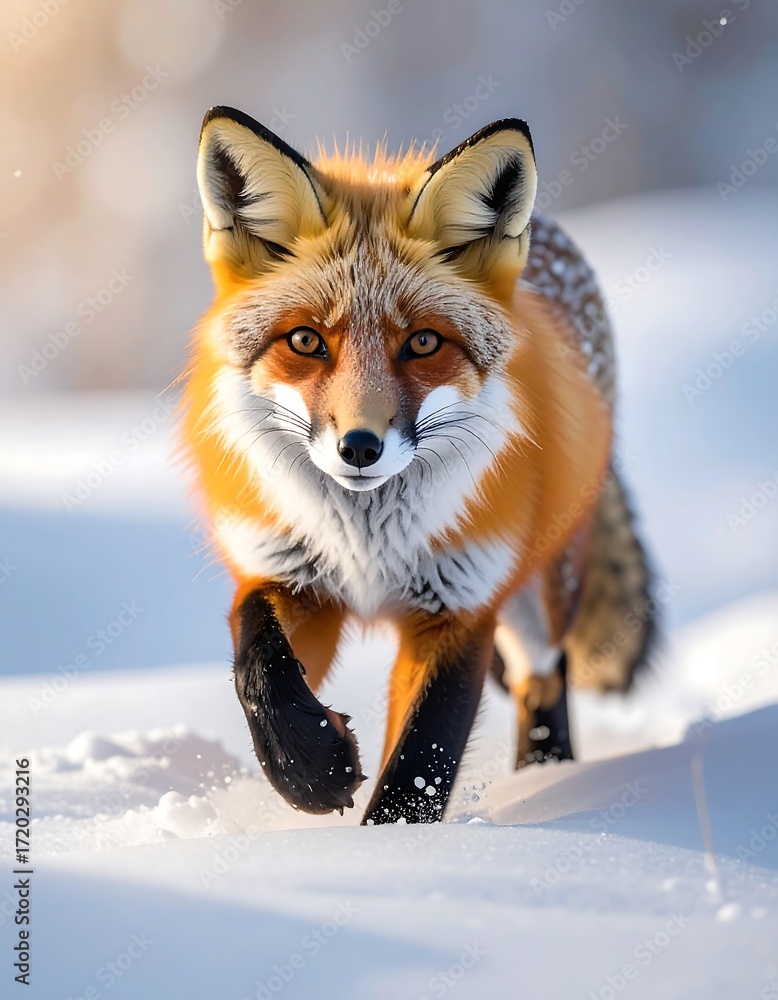 Obraz premium A red fox strolls through snowy terrain