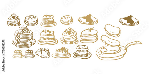 Isolated vector sketch set of pancakes. Desserts and bakery products. Vintage style drawing on white background. Crepes. 