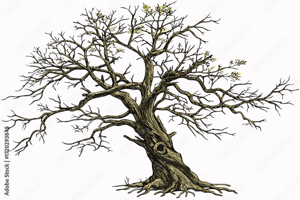 Fototapeta premium Old gnarled tree trunk with sparse leaves vector illustration scalable eps icon